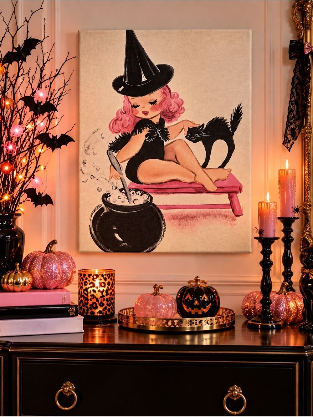 Retro Kitschy Little Witch w/ Cat & Cauldron Canvas Art
